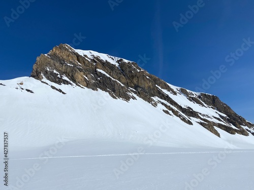 Snowy alpine mountain peak Oldenhorn (Oldehore or Becca d'Audon) located in a mountain massif Les Diablerets (Rochers or Scex de Champ) - Canton of Vaud, Switzerland (Suisse) / Glacier 3000 photo