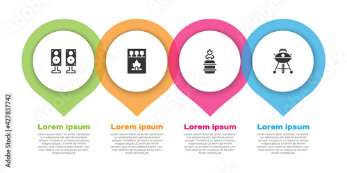 Set Stereo speaker, Matchbox and matches, Camping gas stove and Barbecue grill. Business infographic template. Vector