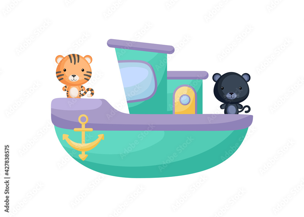Cute little tiger and panther sailing on emerald ship. Cartoon character for childrens book, album, baby shower, greeting card, party invitation, house interior. Vector stock illustration.