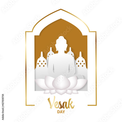 Happy Vesak day greeting. Buddha silhouette with in front of Borobudur temple. Paper cutout style vector