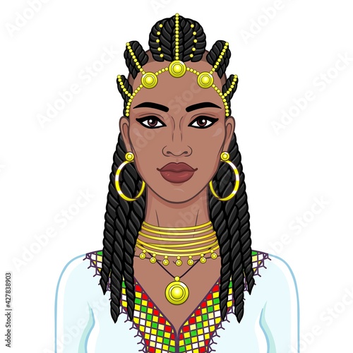 African beauty: animation portrait of the  beautiful black woman in a Afro-hair and gold jewelry. Color drawing. Vector illustration isolated on a white background. Print, poster, t-shirt, card.