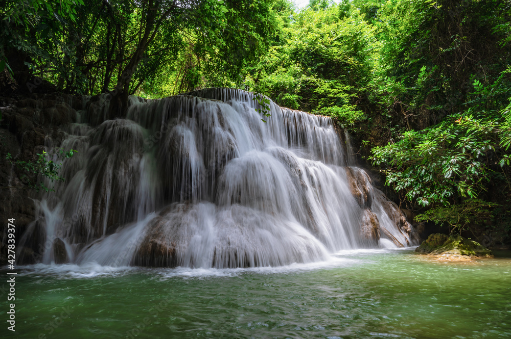 Landscape of Huai mae khamin waterfall Srinakarin national park at Kanchanaburi thailand.Huai mae khamin waterfall third floor 
