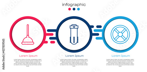 Set line Rubber plunger, Water filter and Industry valve. Business infographic template. Vector