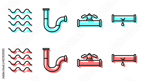 Set line Industry pipe and valve, Wave, Industry metallic pipe and Broken pipe with leaking water icon. Vector