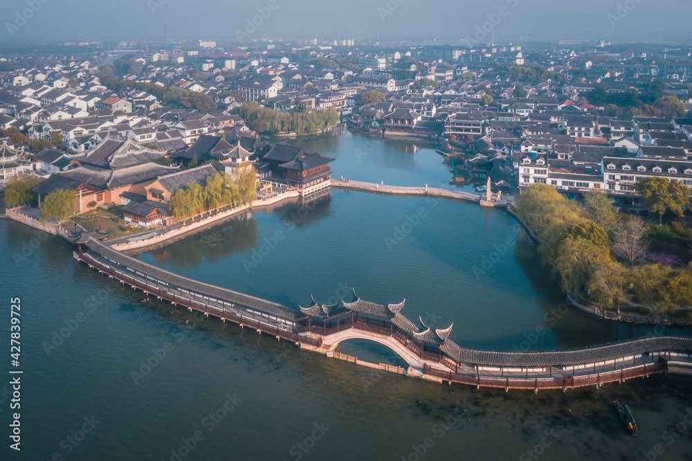 Aerial landscapes of the ancient buildings in Jinxi,  a historic canal town in southwest Kunshan, Jiangsu Province, China