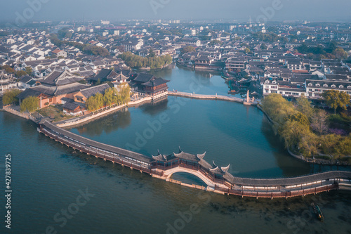 Aerial landscapes of the ancient buildings in Jinxi,  a historic canal town in southwest Kunshan, Jiangsu Province, China © Sen
