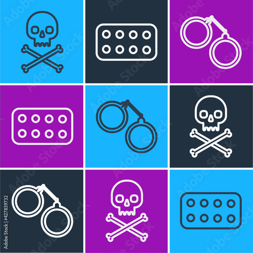 Set line Skull on crossbones, Handcuffs and Pills in blister pack icon. Vector