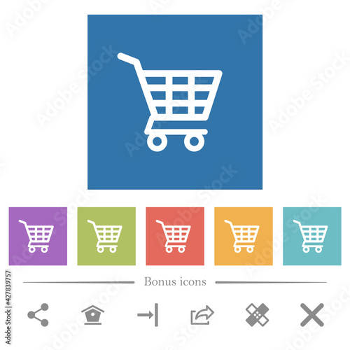 Shopping cart flat white icons in square backgrounds