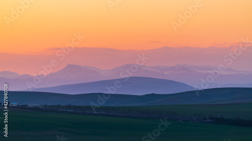 Mountain layers at sunset landscape