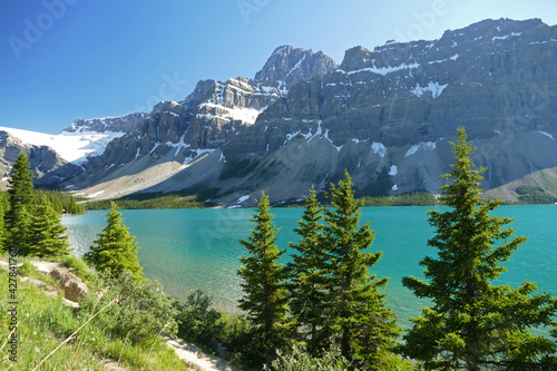 Beautiful Bow Lake with Crowfoot Glacier panoramic view landscape, beautiful Canadian Rockies, Alberta, Canada © Milan