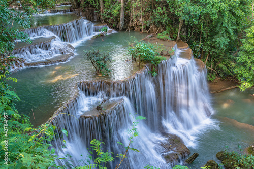 Landscape of Huai mae khamin waterfall Srinakarin national park at Kanchanaburi thailand.Huai mae khamin waterfall fourth floor  Chatkaew 