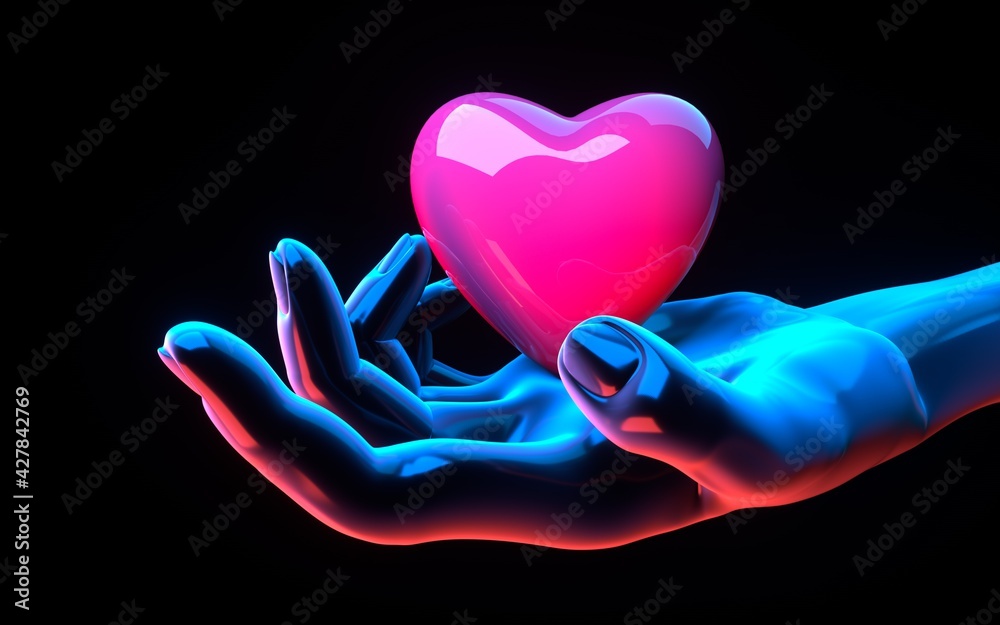 Hand biorobot with elastic material hold heart. Future medical synthetic test. Smart technology from innovation spectrum in science. 3d rendering illustration