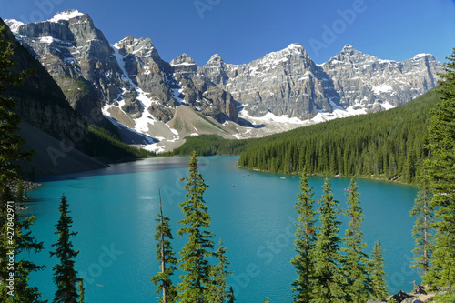 Beautiful Moraine Lake with mountains and spruce trees, Canadian landscape in Banff National Park near Lake Louise, Alberta, Canada