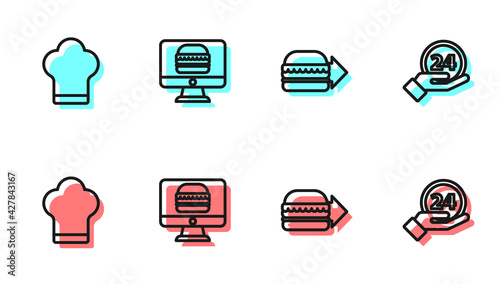 Set line Online ordering burger delivery, Chef hat, and and Clock 24 hours icon. Vector