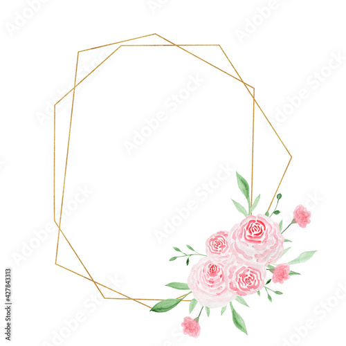Gold geometric frame with roses. Watercolor illustration. Decorative watercolor flowers. Compositions floral illustration.