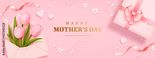 Mother's day poster or banner with realistic sweet hearts, bouquet of tulips, envelope and pink gift box on pink background. Vector illustration