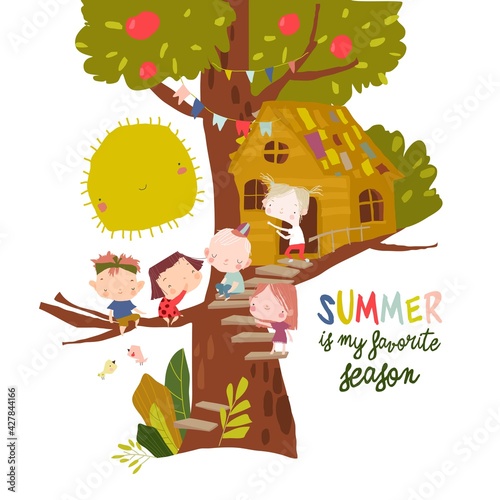 Happy Children playing on Treehouse on white background