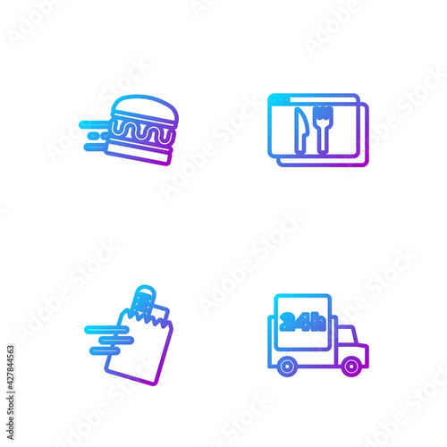 Set line Fast delivery by car, Online ordering and, burger and . Gradient color icons. Vector