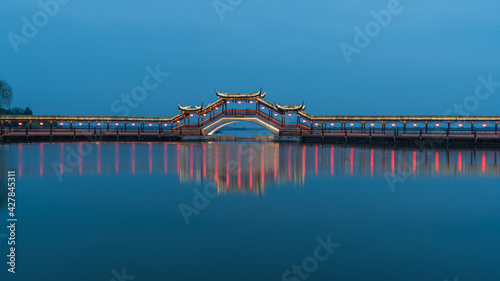 Landscapes of the ancient buildings in Jinxi at night,  a historic canal town in southwest Kunshan, Jiangsu Province, China photo