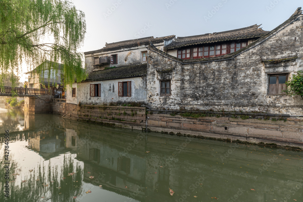 Landscapes of the ancient buildings in Jinxi in the morning,  a historic canal town in southwest Kunshan, Jiangsu Province, China