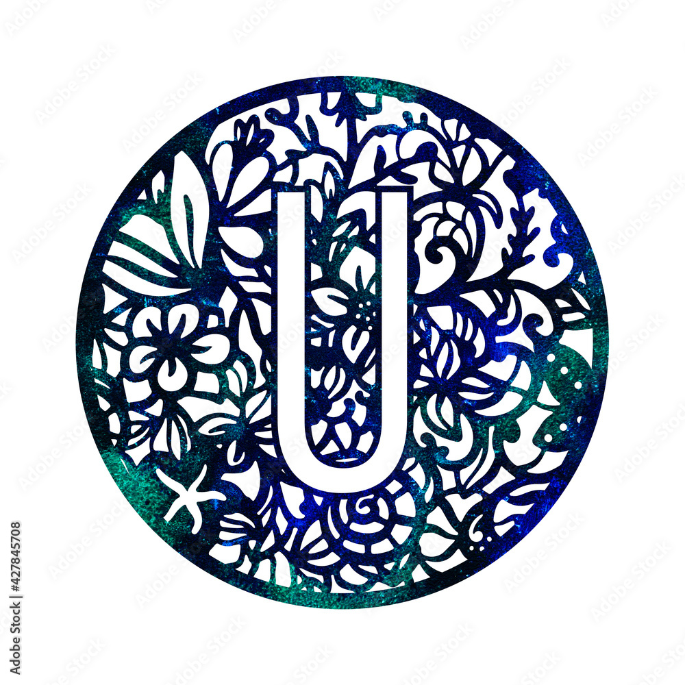 Lace circle blue green letter U with. Texture Monogram letter U. Printable design. Lace circle blue green letter U with. Texture Monogram letter U. Printable design.
