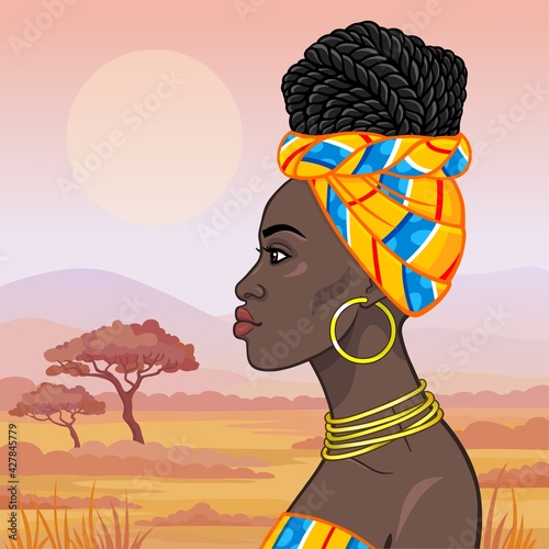 African beauty: animation portrait of the  beautiful black woman in a turban and gold jewelry. Profile view. Background - landscape the savana, mountains,  acacia tree. Vector illustration