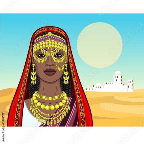 African beauty: animation portrait of the beautiful black woman in a traditional ethnic jewelry. Princess, Bride, Goddess. Background - landscape desert, ancient white city. Vector illustration.