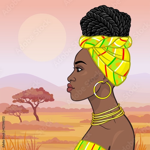 African beauty: animation portrait of the  beautiful black woman in a turban and gold jewelry. Profile view. Background - landscape the savana, mountains,  acacia tree. Vector illustration