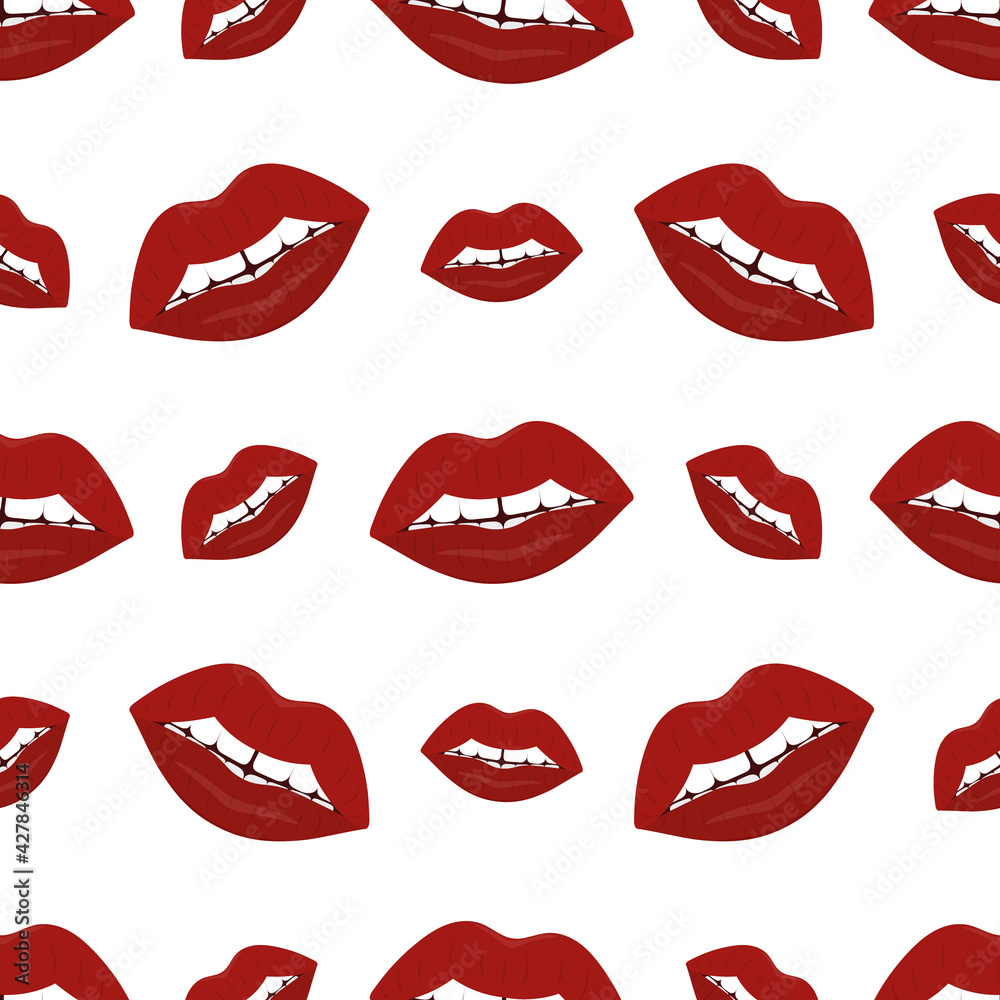 Plump lips. The seductive mouth is slightly open. Repeating vector pattern. Seamless seductive ornament. Endless background of kisses. Isolated colorless background. Flat style. An even row of teeth. Plump lips. The seductive mouth is slightly open. Repeating vector pattern. Seamless seductive ornament. Endless background of kisses. Isolated colorless background. Flat style. An even row of teeth.