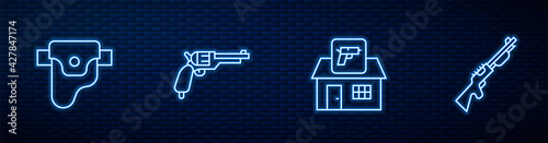 Set line Hunting shop weapon, Gun holster, Revolver gun and . Glowing neon icon on brick wall. Vector