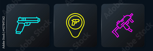 Set line Pistol or gun, MP9I submachine and Location with weapon. Black square button. Vector