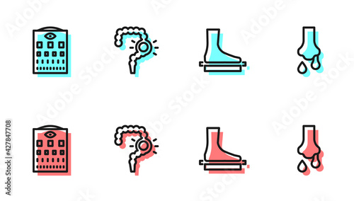 Set line Flat foot, Eye test chart, Gut constipation and Runny nose icon. Vector