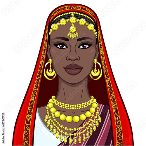 African beauty: animation portrait of the beautiful black woman in a traditional ethnic jewelry. Princess, Bride, Goddess.Vector illustration isolated on a white background. Print, poster, t-shirt