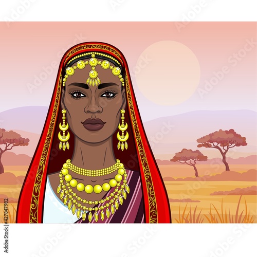 African beauty: animation portrait of the beautiful black woman in a traditional ethnic jewelry. Princess, Bride, Goddess. Background - a landscape the savanna, mountains,sunset. Vector illustration.