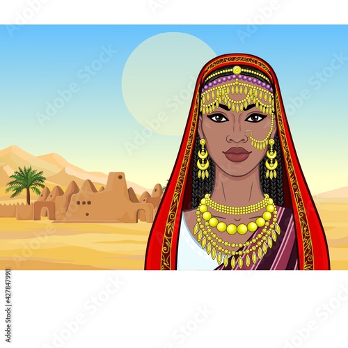 African beauty: animation portrait of the beautiful black woman in a traditional ethnic jewelry. Princess, Bride, Goddess. Background - landscape desert, ancient clay city. Vector illustration.