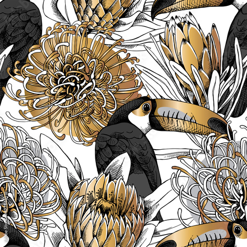 Floral Seamless pattern. Toucan with a gold and silver protea (Sugarbushes and African) flowers. Textile composition, hand drawn style print. Vector illustration.