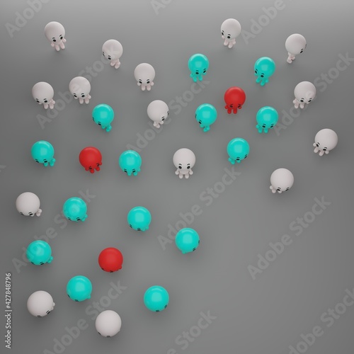 3d rendering illustration of group of people herd immunity concept, infected people, immunization, vaccination from top view