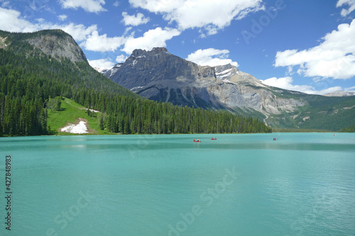 Emerald Lake in Yoho National Park, popular tourist canoeing destination in Canadian Rockies, British Columbia, Canada
