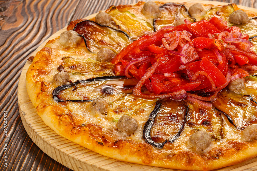 Pizza with meatballs and vegetables Pizza with meatballs and vegetables
