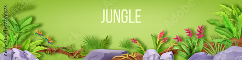 Jungle vector border, forest frame, tropical leaf background, stone, fern, liana, flowers on green. Summer exotic garden, rainforest landscape, Amazon bush illustration. Jungle border, vine, rocks