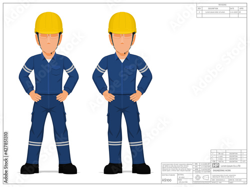 Set of industrial worker with arms akimbo on white background