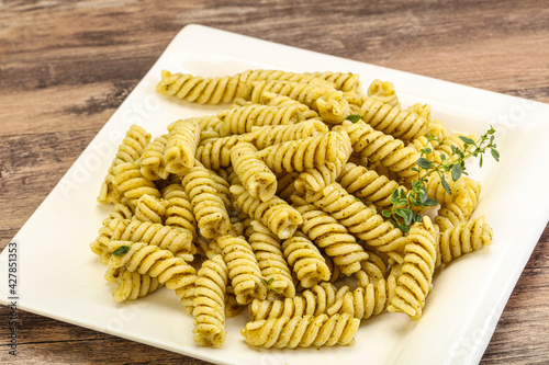 Italian pasta Fusilli with pesto