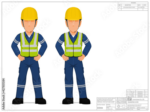 Set of industrial worker with arms akimbo on white background
