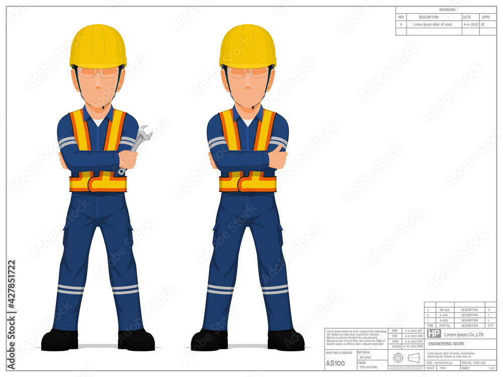 Set of industrial worker with folded arm on white background