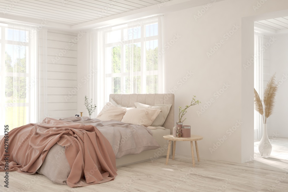 Fototapeta premium Soft color bedroom interior. Scandinavian design. 3D illustration