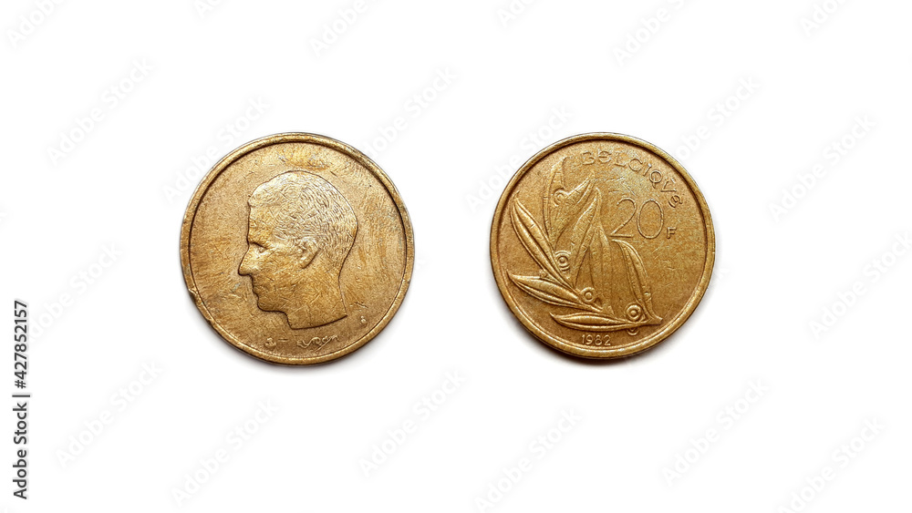 1982 Belgium Belciqve 20F Coin Front and Back Side Isolated on White Background 1982 Belgium Belciqve 20F Coin Front and Back Side Isolated on White Background