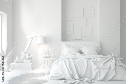 Modern bedroom in white color. Scandinavian interior design. 3D illustration © AntonSh