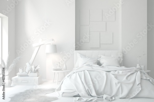 Modern bedroom in white color. Scandinavian interior design. 3D illustration