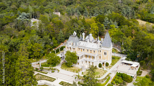 Masandra, Crimea. The Massandra Palace of Emperor Alexander III is located in the Upper Massandra on the southern coast of Crimea. Founding date XIX century, Aerial View photo