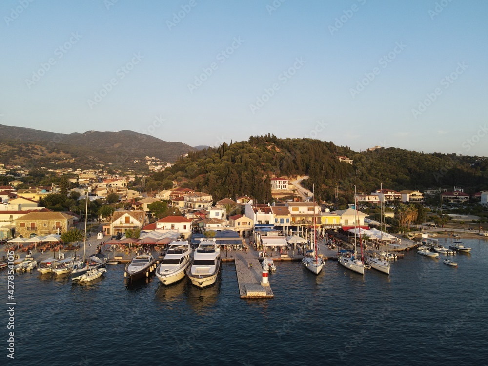 Aerial view of yachts, marina and seafront of famous sivota town in epirus, greece
